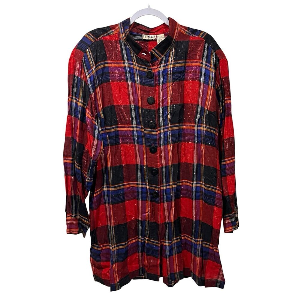 Vintage VJ Woman Plaid Top Tunic Metallic Yarn Red Blue Button Up, Plus Size 24W
